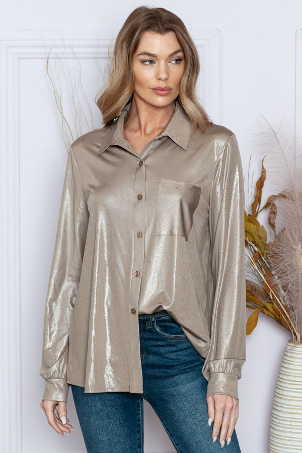 18 SLS {Weekend Awaits} Shiny Taupe Button Up Top PLUS SIZE 1X 2X 3X