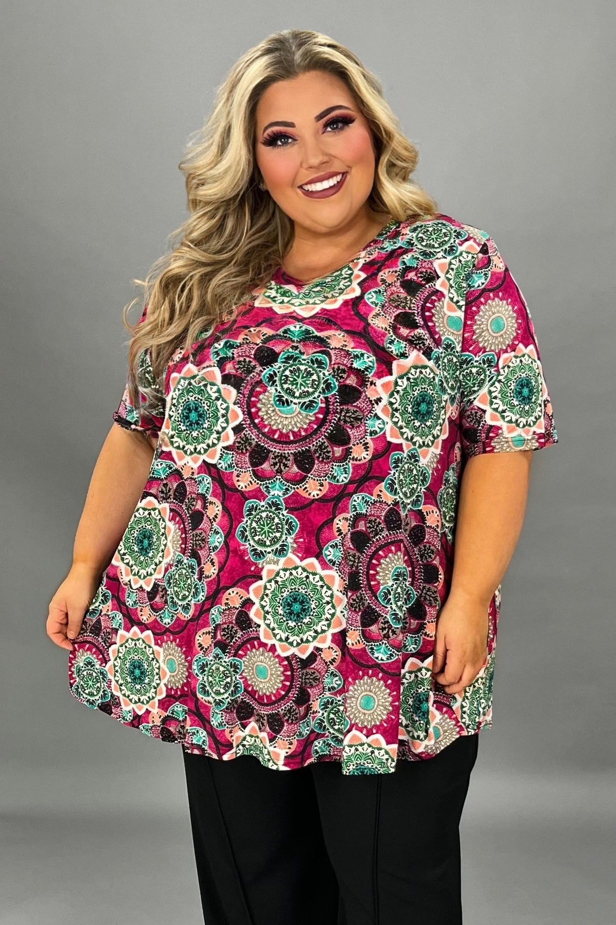 27 PSS {On My Side} Magenta Mandala Print V-Neck Top EXTENDED PLUS