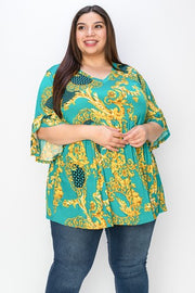 76 PSS {No Complaints} Jade/Gold Print Babydoll Tunic EXTENDED PLUS SIZE 3X 4X 5X