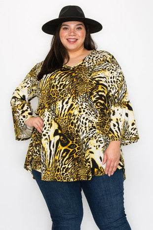 1-44 PQ {The Animal Lives} Black/Yellow/Ivory Animal Print Top EXTENDED PLUS SIZE 3X 4X 5X