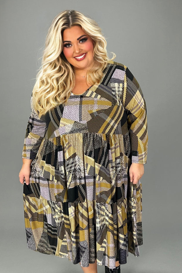 SALE!! 1- 25 PQ {Setting The Record} Tan/Black Geo Print Tiered Dress EXTENDED PLUS SIZE 3X 4X 5X