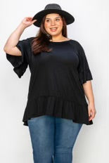 65 SSS {Keeping Mindful} Black Top w/ Ruffle Sleeve & Hem Detail PLUS SIZE EXTENDED 4X 5X 6X