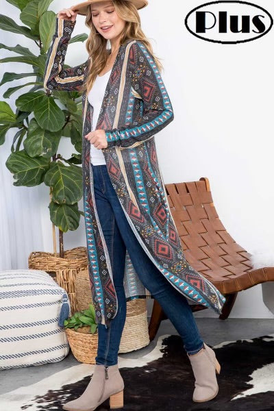 LD-U {Realized Fun} Multi-Color Tribal Print Duster PLUS SIZE 1X 2X 3X