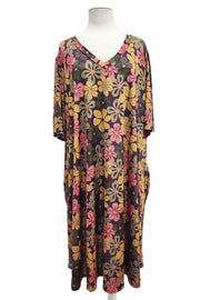 96 PSS {Floral Fantasies} Olive/Mustard/Peach Floral Print V-Neck Dress  EXTENDED PLUS XL 2X 3X 4X 5X