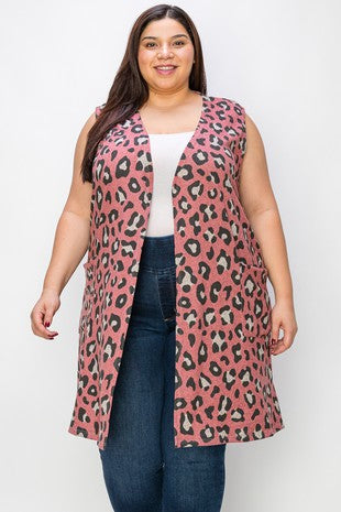 12 OT {Hooked On A Feline} Mauve Leopard Print Vest w Pockets PLUS SIZE 1X 2X 3X