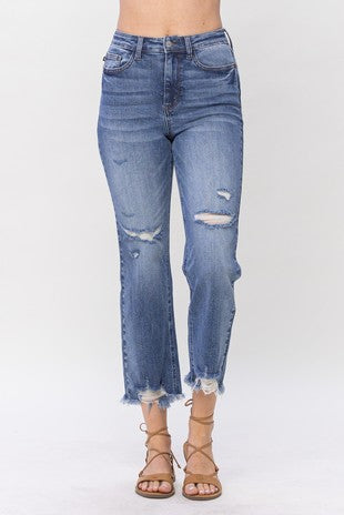 LEG-80 {Judy Blue} Med Blue Destroy Straight Cropped Jeans EXTENDED PLUS SIZE 14 16 18 20 22 24
