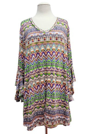 1-65 PQ {Reliving Memories} Orange/Green Tribal Print V-Neck Top PLUS SIZE 1X 2X 3X