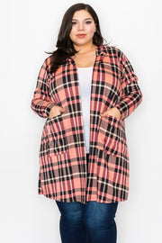 38 OT {Refreshing Thought} Coral Plaid Cardigan w/Hood CURVY BRAND!!! EXTENDED PLUS SIZE 3X 4X 5X 6X