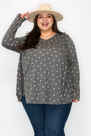 SALE!! 56 PLS {Cozy Kisses} Gray V-Neck  Top with Pink Dots  EXTENDED PLUS SIZE 3X 4X 5X