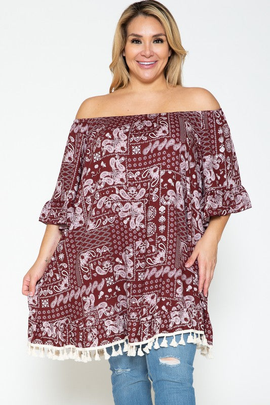 SALE!! 22 OS {Wish You Well} Burgundy Off Shoulder Paisley Top CURVY BRAND!!!  PLUS SIZE 1X 2X 3X