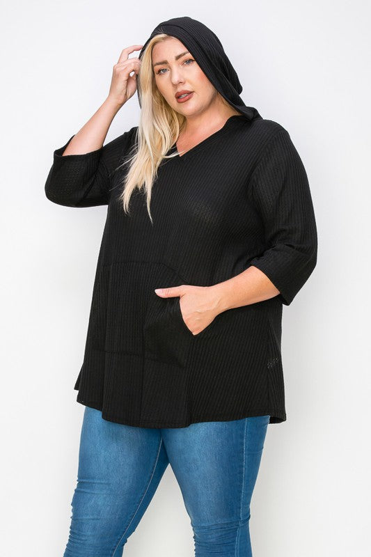 1-32 HD {Center Court} Black Waffle Knit Hoodie w/Pocket CURVY BRAND!!! EXTENDED PLUS SIZE 3X 4X 5X 6X