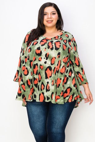 1-32 PQ {Can You See Me Now} Olive/Coral Leopard Top EXTENDED PLUS SIZE 3X 4X 5X