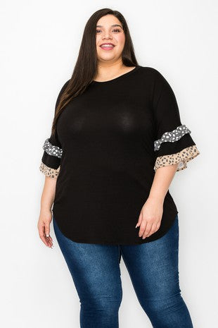 96 CP {Best Days} Black Top w/Printed Ruffle Sleeves EXTENDED PLUS SIZE 3X 4X 5X