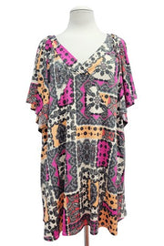 SALE! 47 PSS {Stylish Mentality} Fuchsia/Black Print V-Neck Top EXTENDED PLUS SIZE 4X 5X 6X