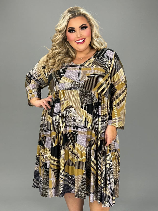 SALE!! 1- 25 PQ {Setting The Record} Tan/Black Geo Print Tiered Dress EXTENDED PLUS SIZE 3X 4X 5X