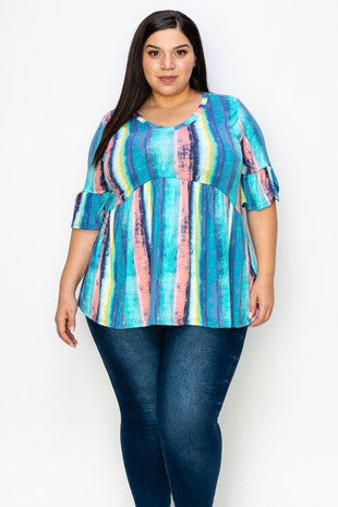 90 PSS {Ready For Fun} Blue Stripe Print Babydoll Top EXTENDED PLUS SIZE 3X 4X 5X (True To Size)