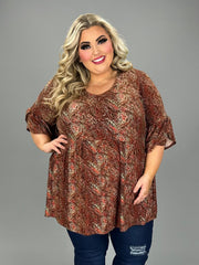 SALE!! 41 PQ {Better Than Fiction} Rust Print Babydoll V-Neck Top EXTENDED PLUS SIZE 3X 4X 5X