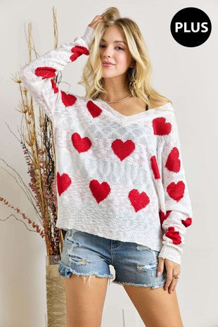 SALE!! 26 GT {Heart Filled With Love} Ivory V-Neck Sweater w/Hearts PLUS SIZE 1X 2X 3X