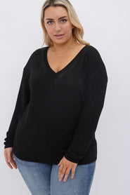 42 SD High Class Standards} VOCAL Black on Black Studded V-Neck Top PLUS SIZE 1X 2X 3X