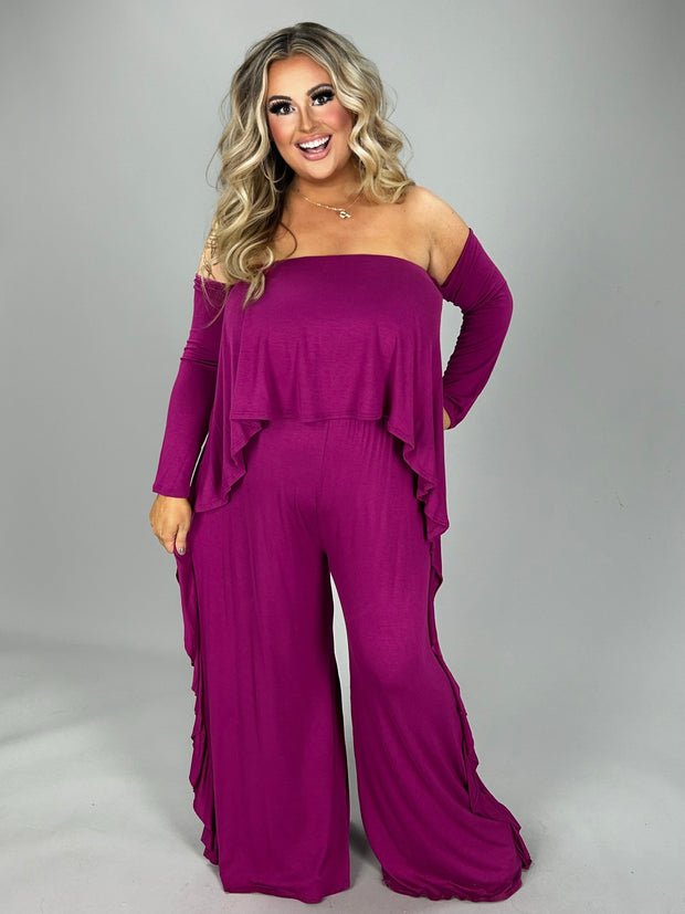 SALE!! RP-ZZ Plum 1 pc. Romper Long Sleeves With Ruffle Detail