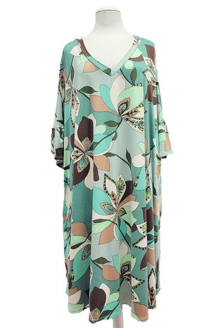 77 PQ {As It Happens} Sage Lg Floral Print V-Neck Dress EXTENDED PLUS SIZE 4X 5X 6X