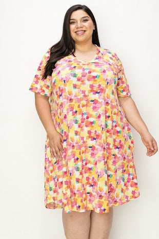 12 PSS {Paint Party} Yellow/Pink Print V-Neck Dress EXTENDED PLUS SIZE 3X 4X 5X