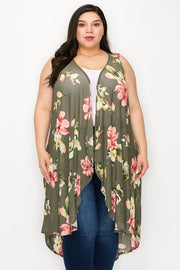 LD-R {My Happy Place} Olive Floral Long Vest PLUS SIZE 3X