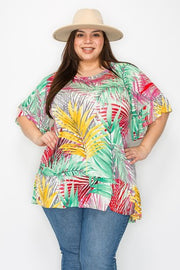 70 PSS {Heard It All} Green Leaf Print Top w/Ruffle Hem PLUS SIZE 1X 2X 3X  (True To Size}