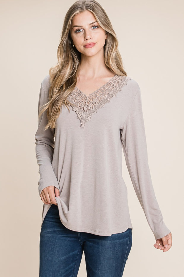 32 SD {Bit Of Style} Mocha Top w/Lace V-Neck PLUS SIZE 1X 2X 3X