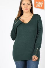 1-55 SLS {Deep Thinker} Hunter Green V-Neck Top w Sleeve Button Detail PLUS SIZE 1X 2X 3X