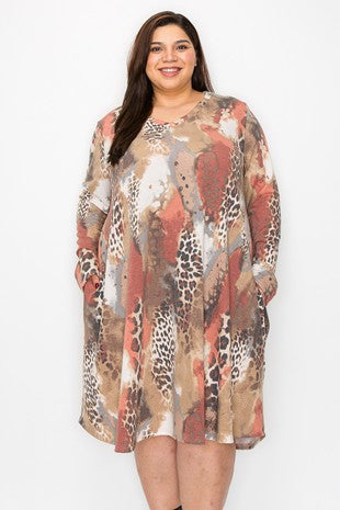 26 PLS {Touch Of Animal} Taupe Animal Print V-Neck Dress EXTENDED PLUS SIZE 4X 5X 6X