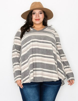 SALE!! 39 PLS [Between The Lines} Grey/Ivory Stripe Print V-Neck Top  PLUS SIZE XL