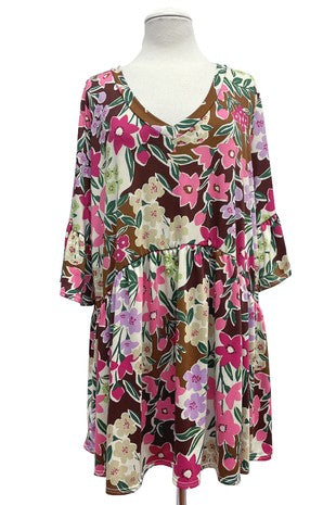 SALE!! 99 PSS {Enchanting Evenings} Brown/Pink Floral V-Neck Babydoll Top EXTENDED PLUS 3X 4X 5X