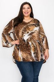 1-45 PQ {Temporary Escape} Brown Animal Print V-Neck Top EXTENDED PLUS SIZE 3X 4X 5X