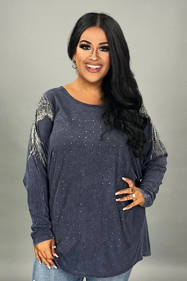 19 SD {All Is Bright} VOCAL Navy Print Sleeve Top w/Studs PLUS SIZE XL 2X 3X