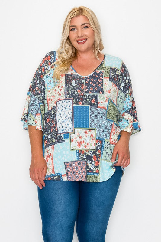 1-18 PLS {Touch Of Home} Blue Mixed Print Patchwork Top CURVY BRAND!!! EXTENDED PLUS SIZE 4X 5X 6X