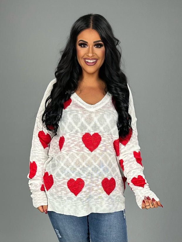 SALE!! 26 GT {Heart Filled With Love} Ivory V-Neck Sweater w/Hearts PLUS SIZE 1X 2X 3X