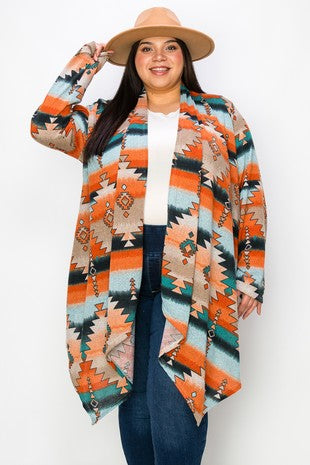 SALE!! 52 OT {El Paso Evenings} Orange & Blue Aztec Print Cardigan