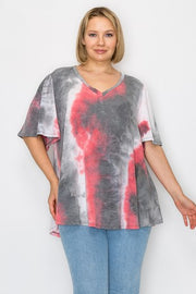 SALE!! 51 PSS {Campground Bonfire} Pink & Green Tie Dye V-Neck Top EXTENDED PLIUS SIZE 3X 4X 5X