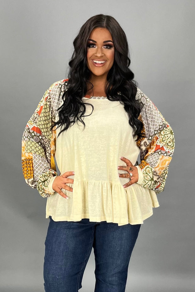 SALE!! 32 CP {Back To Work} Cream Top w/ Fall Mixed Print Sleeve PLUS SIZE XL 1X 2X