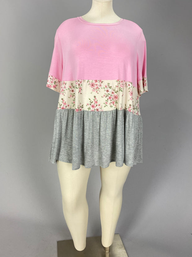 40 CP {Ideal Situation} Pink/H. Grey Tunic w/Floral Contrast CURVY BRAND!!!  EXTENDED PLUS SIZE 3X 4X 5X 6X