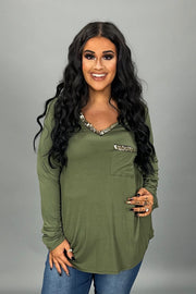 SALE!! 28 SD {Sneak Peek} Olive Long Sleeve Top w/Metallic Trim PLUS SIZE 1X 2X 3X