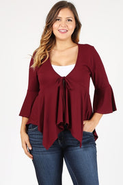 20 SQ {Chic Aspirations} Burgundy Babydoll Top w Tie Front Detail PLUS SIZE 1X 2X 3X