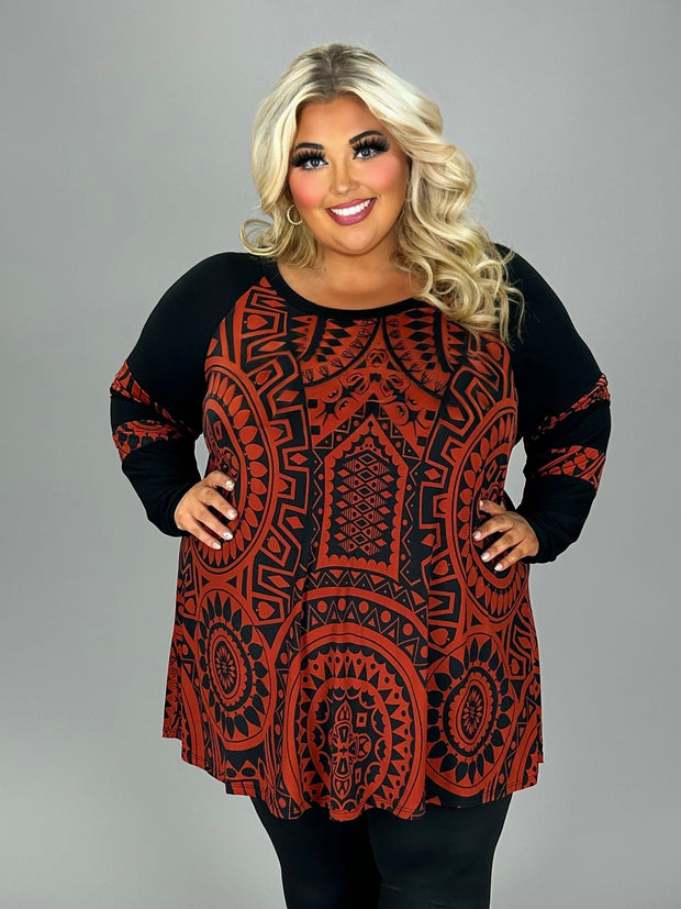 38 CP {Just The Facts} Rust/Black Tribal Print Tunic CURVY BRAND!!!  EXTENDED PLUS SIZE 4X 5X 6X (May Size Down 1 Size)