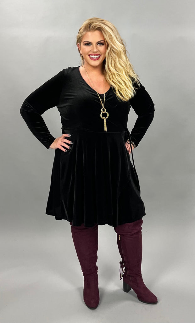 SALE!! SLS-F {One More KISS} Black Velvet Long Sleeve  with  Waist Tie V-Cut Detail