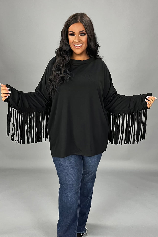 51 SD {Feeling At Peace} Black Top w/Fringe Sleeves PLUS SIZE XL 2X 3X