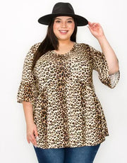 SALE! 49 PSS {String You Along} Brown Leopard  V-Neck Babydoll Top EXTENDED PLUS SIZE 3X 4X 5X