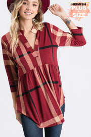 SALE!! 34 PQ {Keep It Stylish} Burgundy/Taupe Plaid Babydoll Top PLUS SIZE 1X 2X 3X