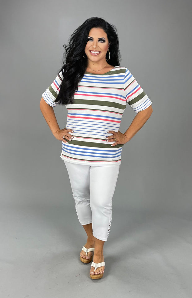 SALE!! PSS-A M-109 {Karen Scott} White Multi Striped Top Retail $36.50