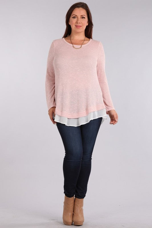 99 SLS {Get It Now} Pink/H.Grey Chiffon Bottom Knit Top PLUS SIZE 1X 2X 3X